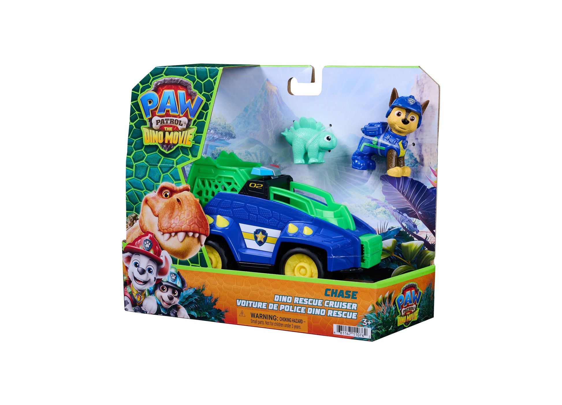 Paw Patrol Dino Movie Chase Dino Rescue Cruiser blue and green police vehicle with spring-loaded claw