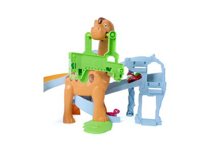 Paw Patrol Dinosaur Lift & Race Playset with orange dinosaur, green lift mechanism, and blue tower structure