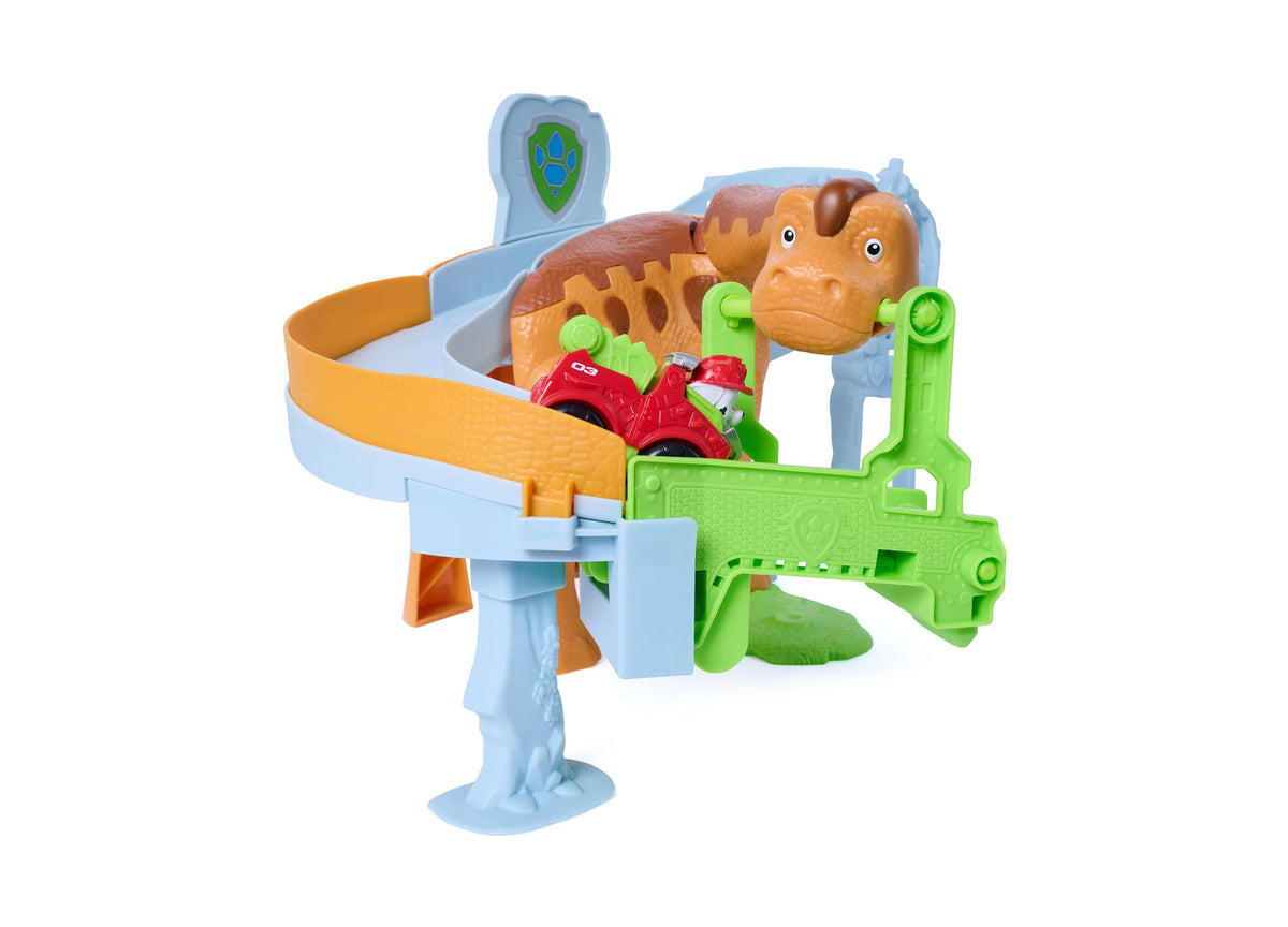 Paw Patrol Dinosaur Lift & Race Playset with brown dinosaur, red vehicle, and green launcher