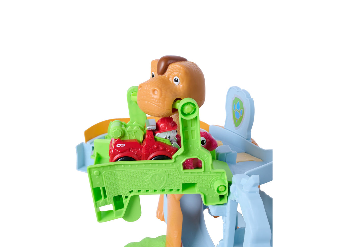 Paw Patrol Dinosaur Lift & Race Playset with green ramp, blue track, and red vehicle