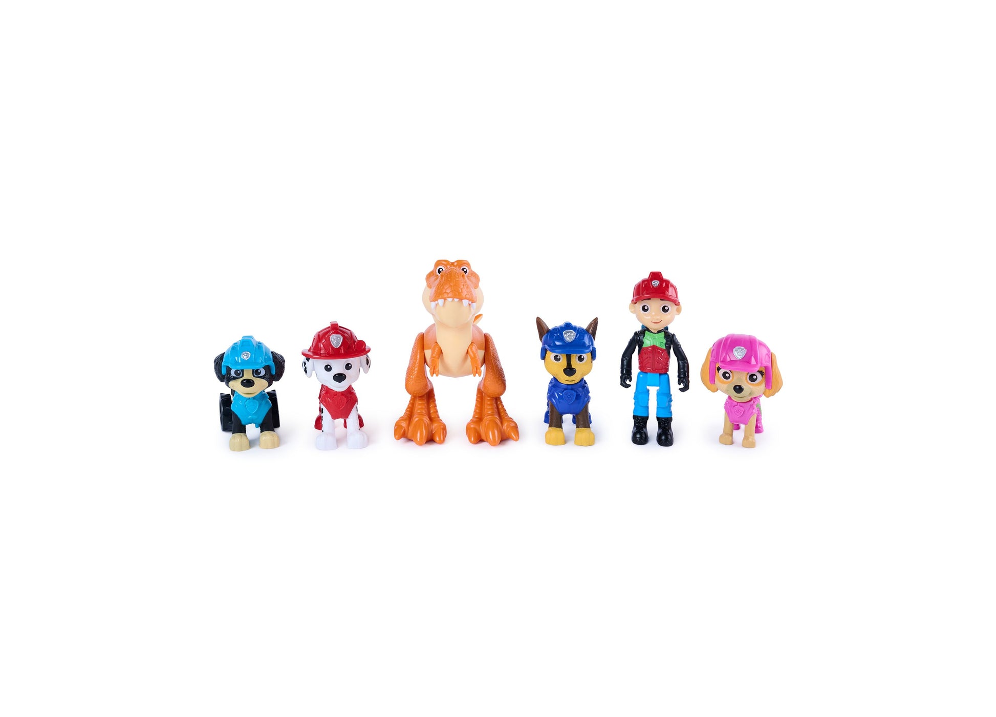 Paw Patrol Dino Adventure 6-pack figures with Chase, Marshall, Skye, and dinosaur character