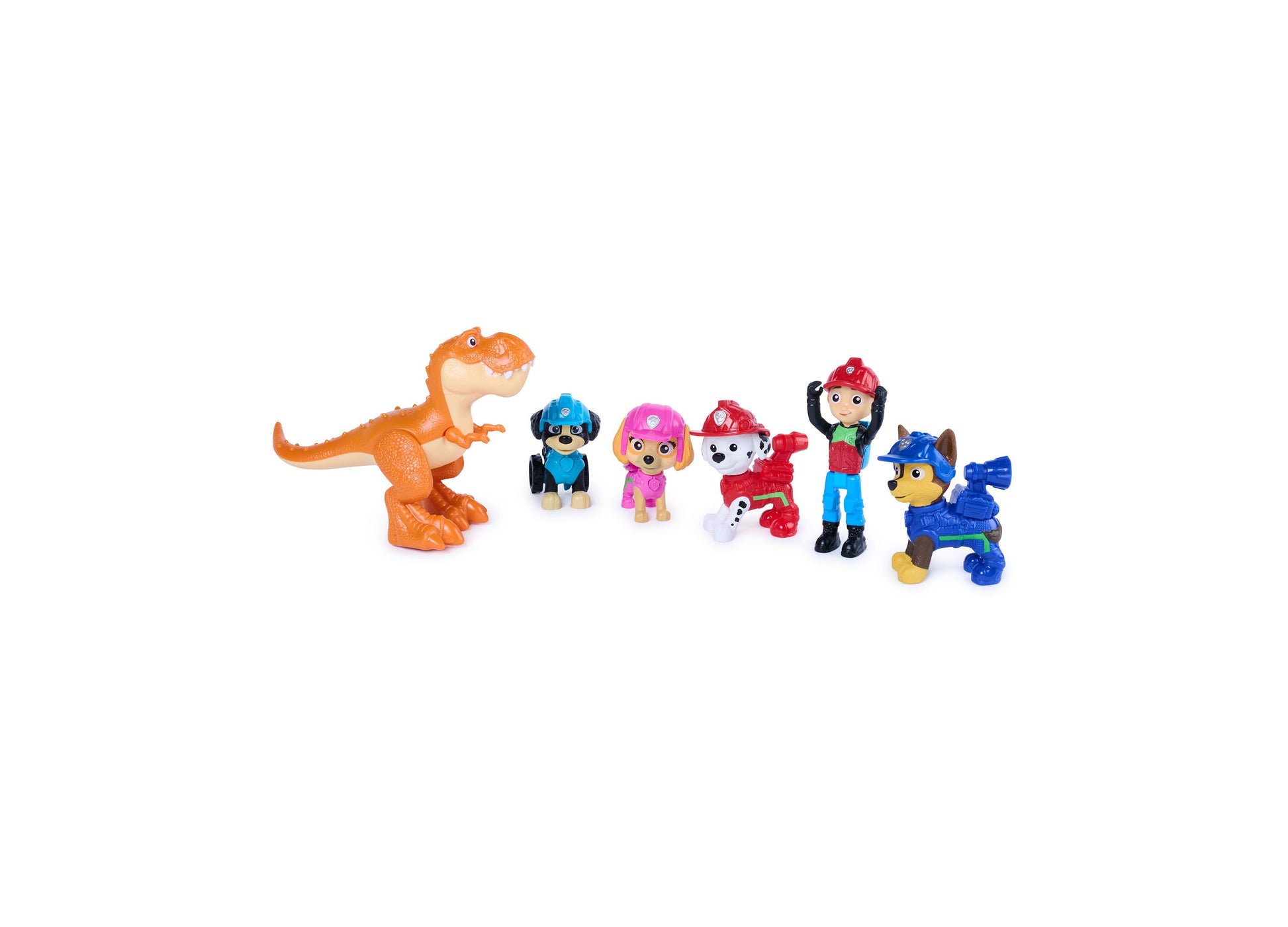 Paw Patrol Dino Adventure 6-pack action figures with orange dinosaur and colorful pups
