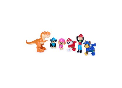 Paw Patrol Dino Adventure 6-pack action figures with orange dinosaur and colorful pups