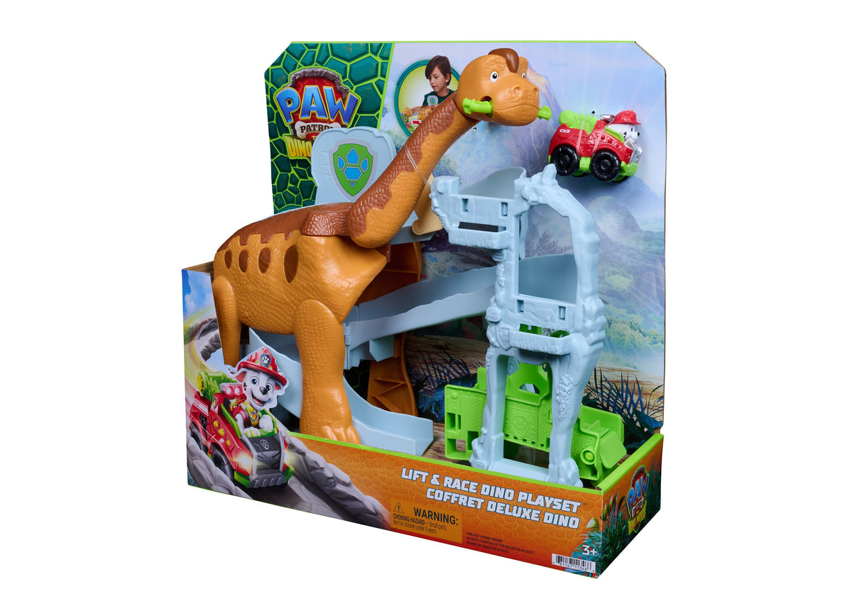Paw Patrol Dinosaur Lift & Race Playset with brown dino, white tower, and red fire truck vehicle