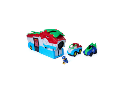 Paw Patrol Chase Dino Movie 2-in-1 Transforming Playset with red, blue, and green vehicles