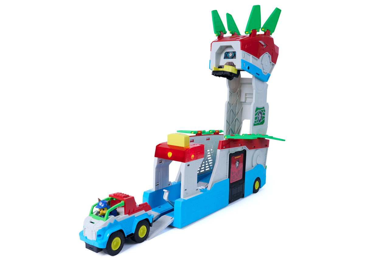 Paw Patrol Chase Dino Movie 2-in-1 Transforming Playset with blue vehicle and tower