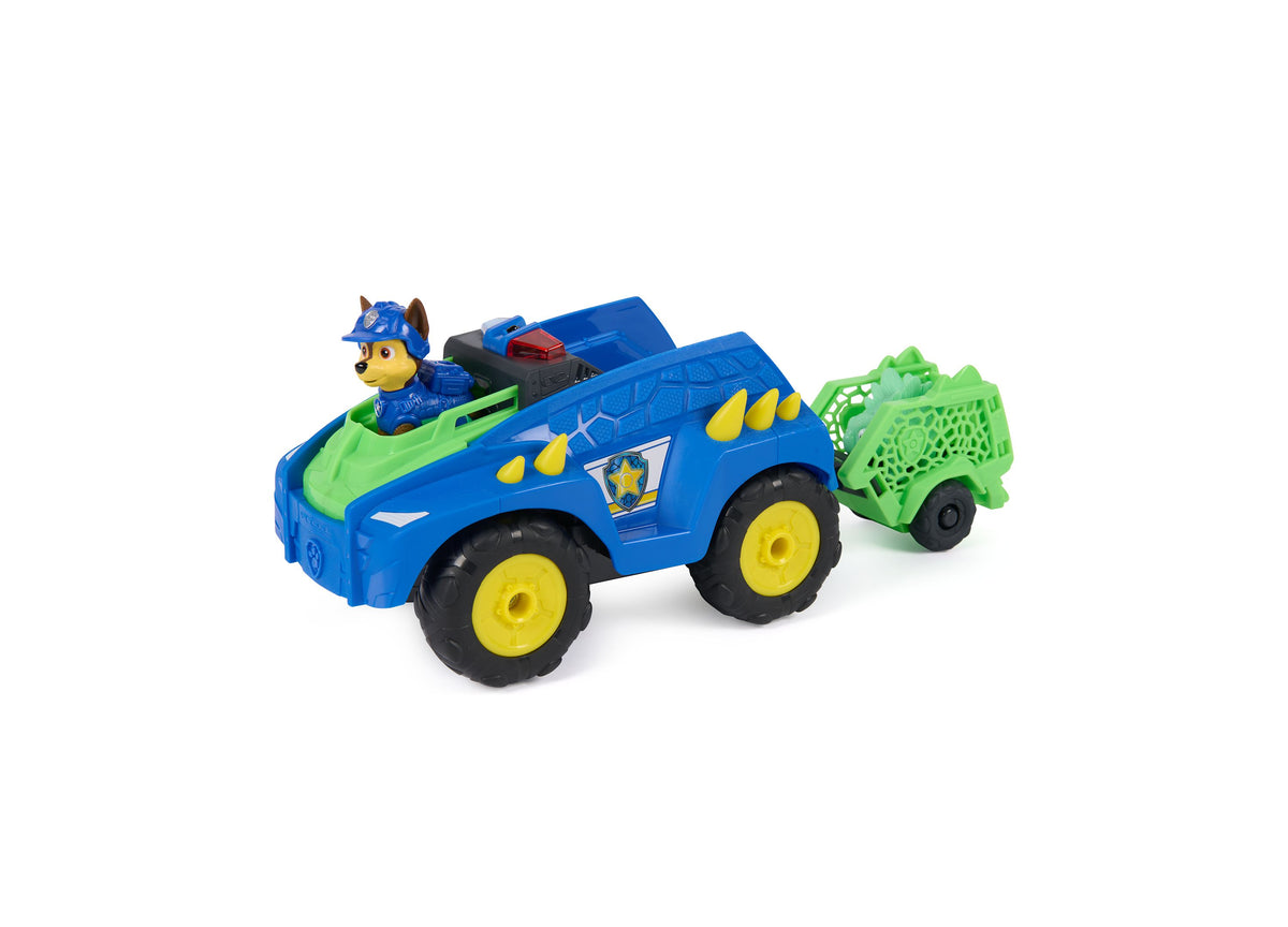 PAW Patrol Dino Tow Dash RC vehicle in blue with yellow wheels, Chase figure, and green Stegosaurus trailer