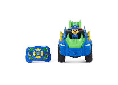 PAW Patrol Dino Tow Dash RC vehicle in blue and green with Chase figure, shown with remote control
