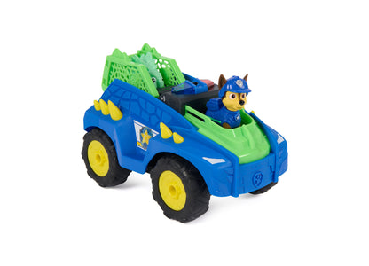 PAW Patrol Dino Tow Dash RC vehicle in blue with yellow wheels, green trailer, Chase figure, and Stegosaurus dinosaur