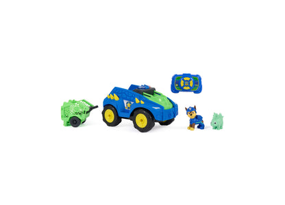 PAW Patrol Dino Tow Dash RC vehicle in blue and green with remote control, Chase figure, and Stegosaurus dinosaur