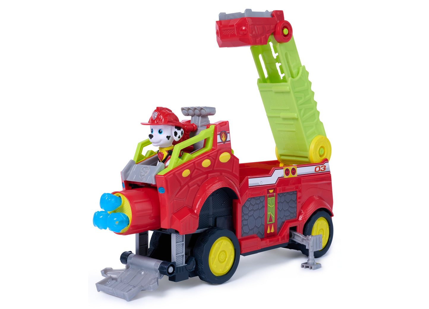 Paw Patrol Rise Roll red fire truck with extendable green ladder and water launcher features