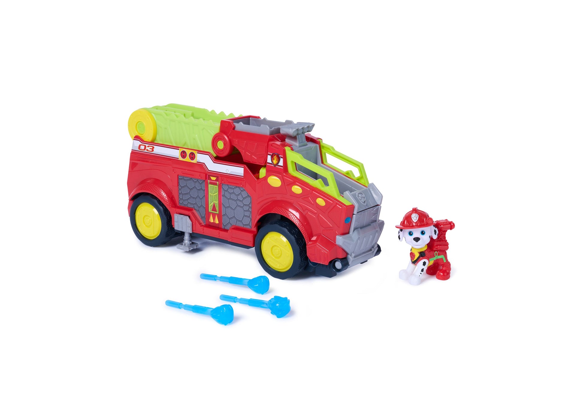 Paw Patrol Rise Roll red fire truck with extendable green ladder, water launcher accessories, and Marshall figure