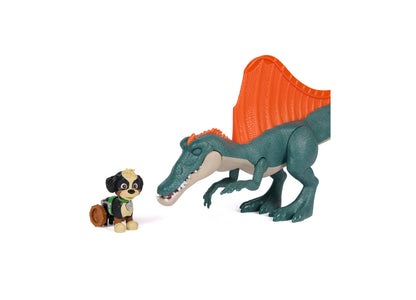 Paw Patrol Dino Rescue Responder playset with brown puppy figure and teal dinosaur with orange sail