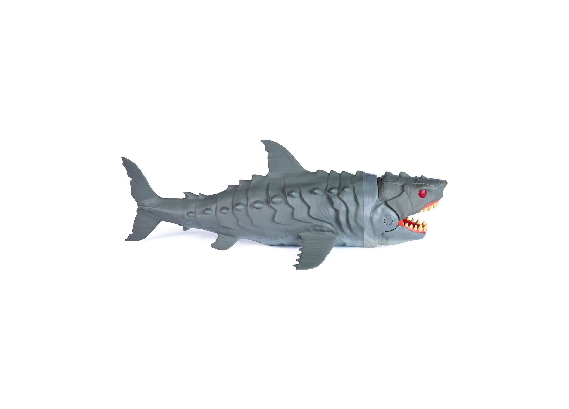 Primal Hatch Megalodon toy shark with gray body, red eyes, and light-up features