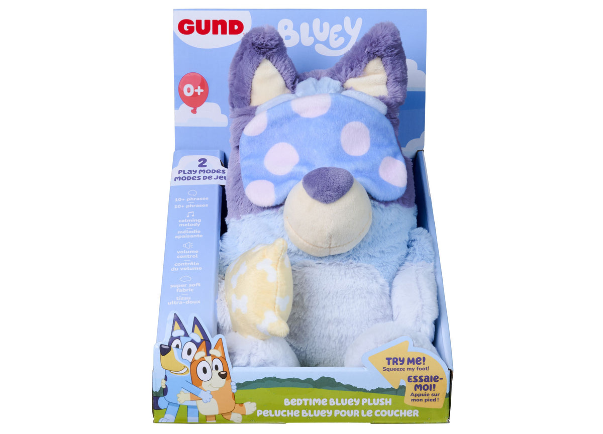 Bedtime Bluey 13" Plush toy in blue with purple ears, white spots, and cream accents