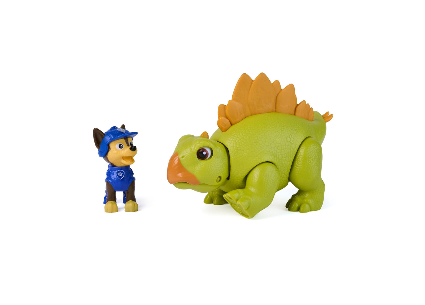 PAW Patrol Roaring Pup Pals Chase 2-Piece Action Figure Set with blue pup and green dinosaur
