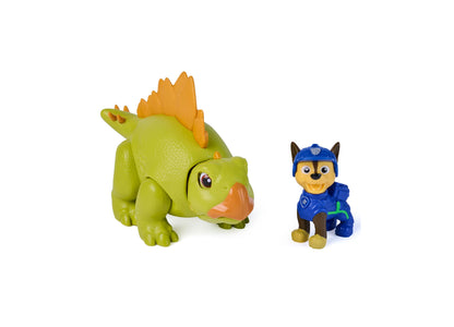 PAW Patrol Roaring Pup Pals Chase 2-Piece Action Figure Set with green dinosaur and blue pup