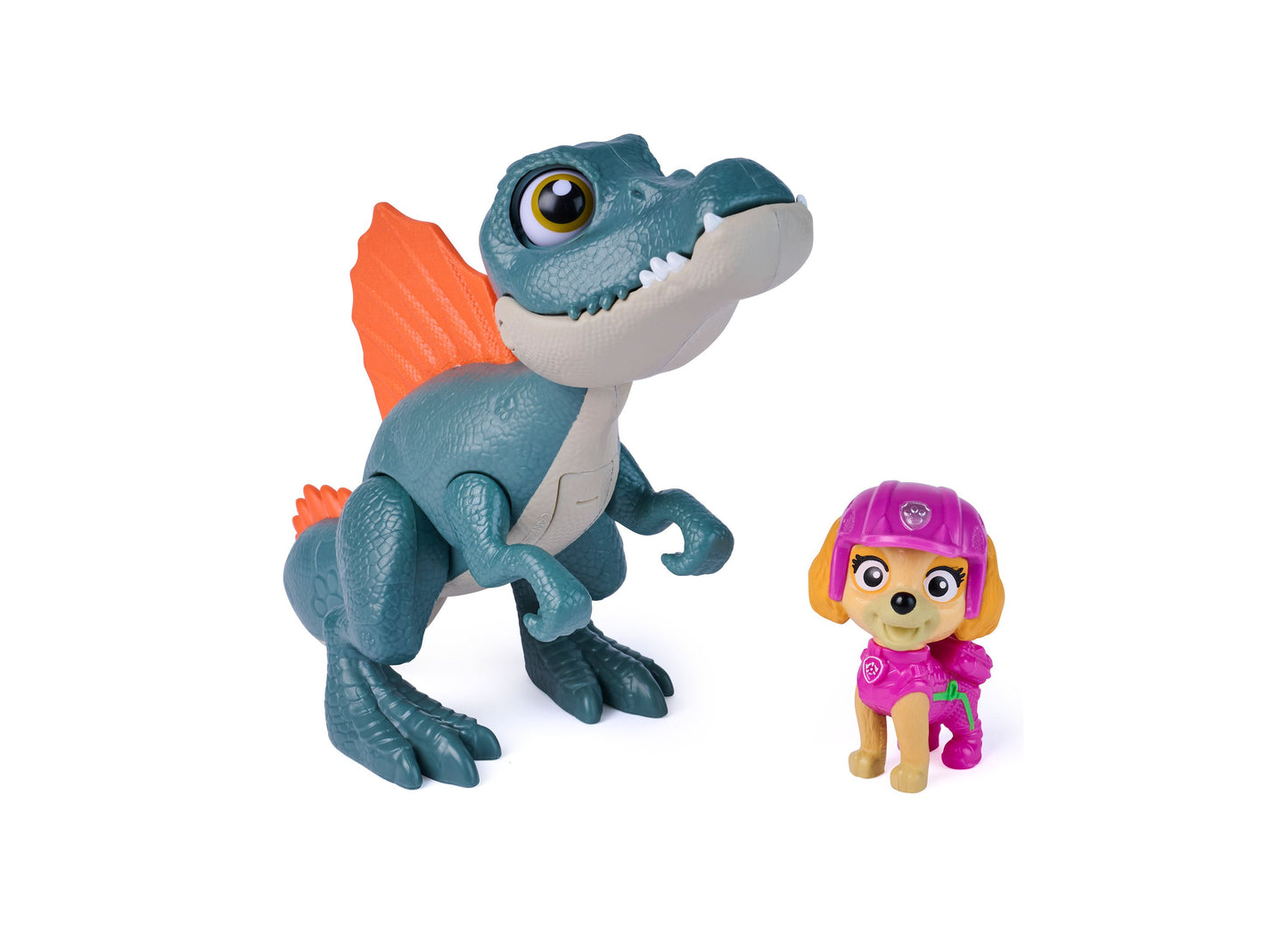 PAW Patrol Roaring Pups Skye Spinosaurus 2-piece figure set with teal dinosaur and pink pup