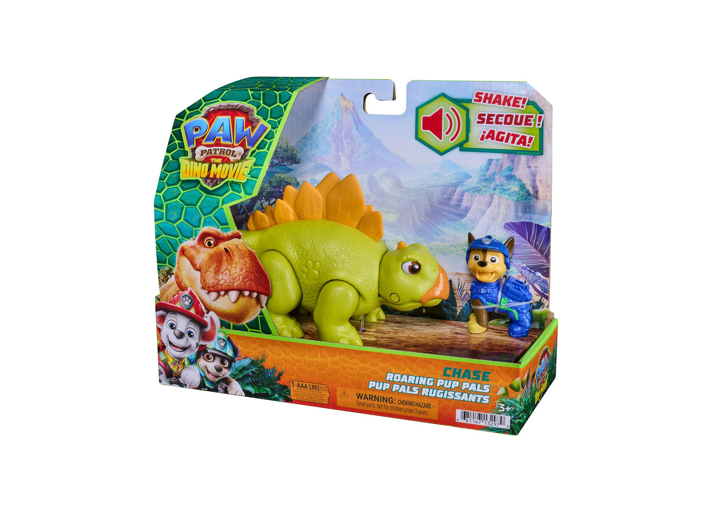 PAW Patrol Roaring Pup Pals Chase action figure set with green dinosaur and Chase character