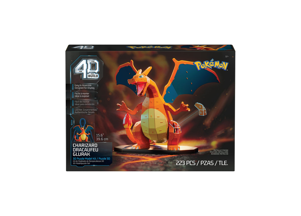 Pokémon 4D Build Charizard 3D puzzle model kit featuring orange and blue dragon character on display stand
