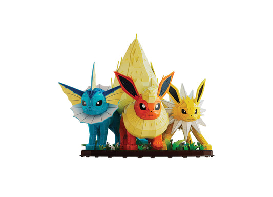 Pokemon Eevee Evolution Trio 612-Piece 4D Puzzle featuring blue Vaporeon, red Flareon, and yellow Jolteon on grassy s...