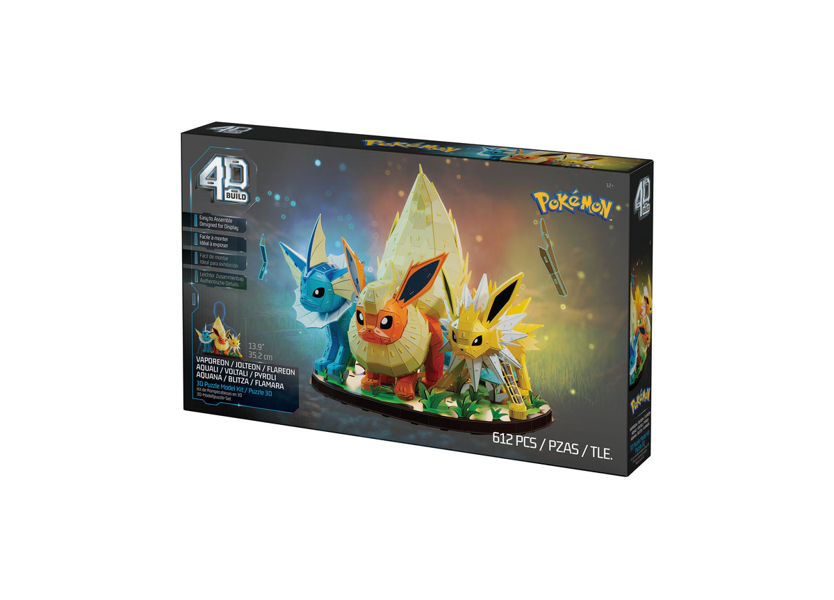 Pokemon Eevee Evolution Trio 612-Piece 4D Puzzle featuring blue Vaporeon, orange Flareon, and yellow Jolteon on grass...