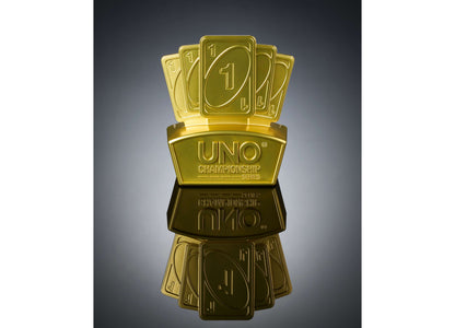 Mattel UNO Championship Series gold card game trophy with 224 cards