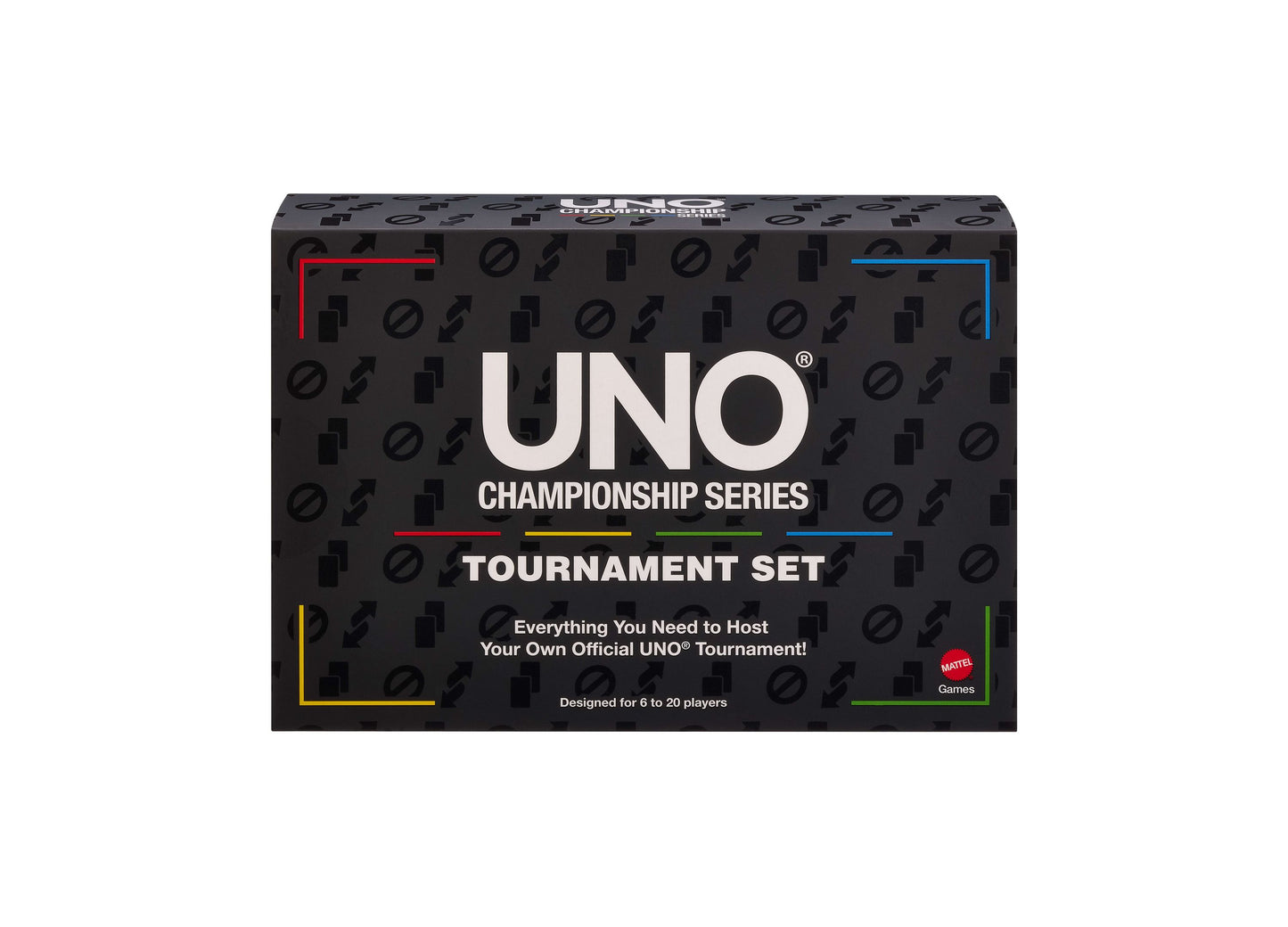 UNO Championship Series Tournament Set black box with colorful corners, card game for 6-20 players