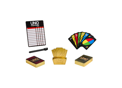 UNO Championship Series card game set with gold cards, scoring board, and colorful numbered cards