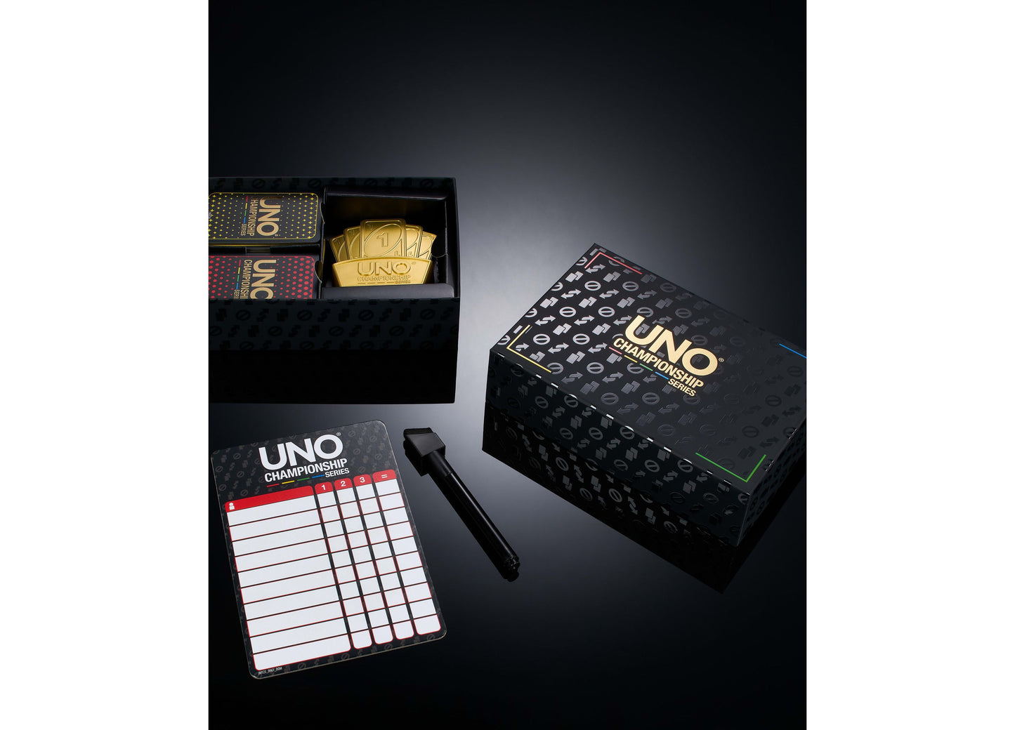 UNO Championship Series card game set with gold trophy, card decks, and score tracker