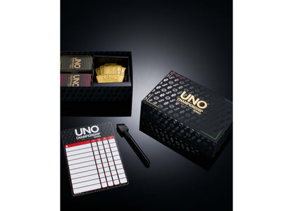 UNO Championship Series card game set with gold trophy, card decks, and score tracker