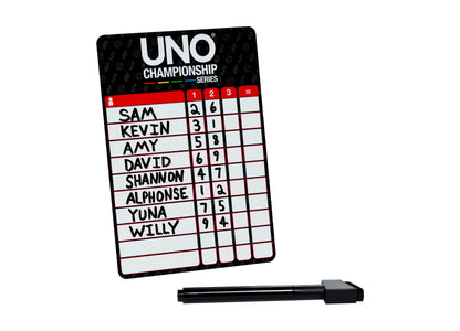 UNO Championship Series scoreboard with dry-erase marker for tracking player scores