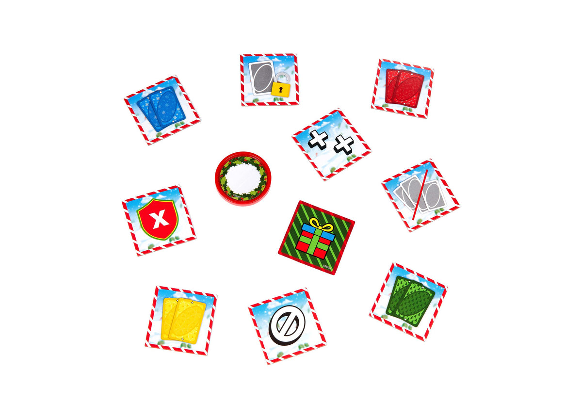 Mattel UNO Advent Calendar with 24 doors arranged in circle around central gift and wreath, featuring colorful game c...
