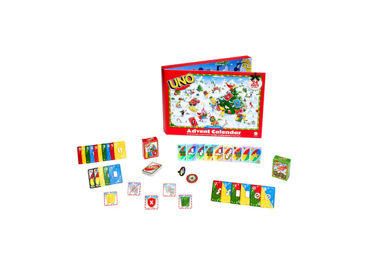 UNO Advent Calendar with red box, colorful game cards, and 24 festive door surprises displayed