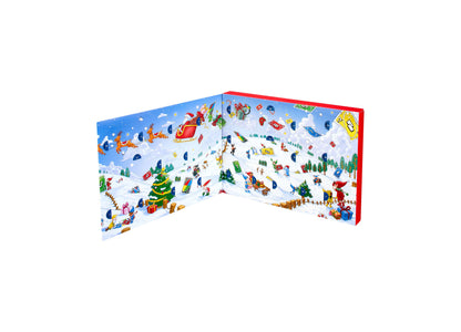 Mattel UNO Advent Calendar with red box and blue panels showing snowy winter scene with Santa, Christmas trees, and f...