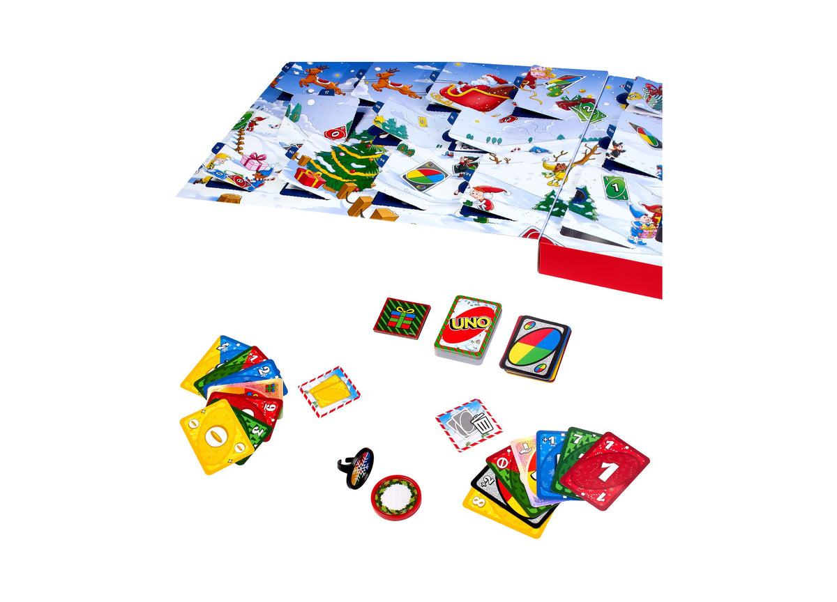 Mattel UNO Advent Calendar with 24 doors featuring Santa, Christmas trees, and game pieces in red, blue, green, and y...