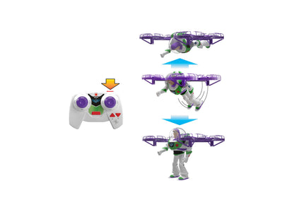 Toy Story Buzz Lightyear RC flying figure in green and purple with remote control and three flight position views
