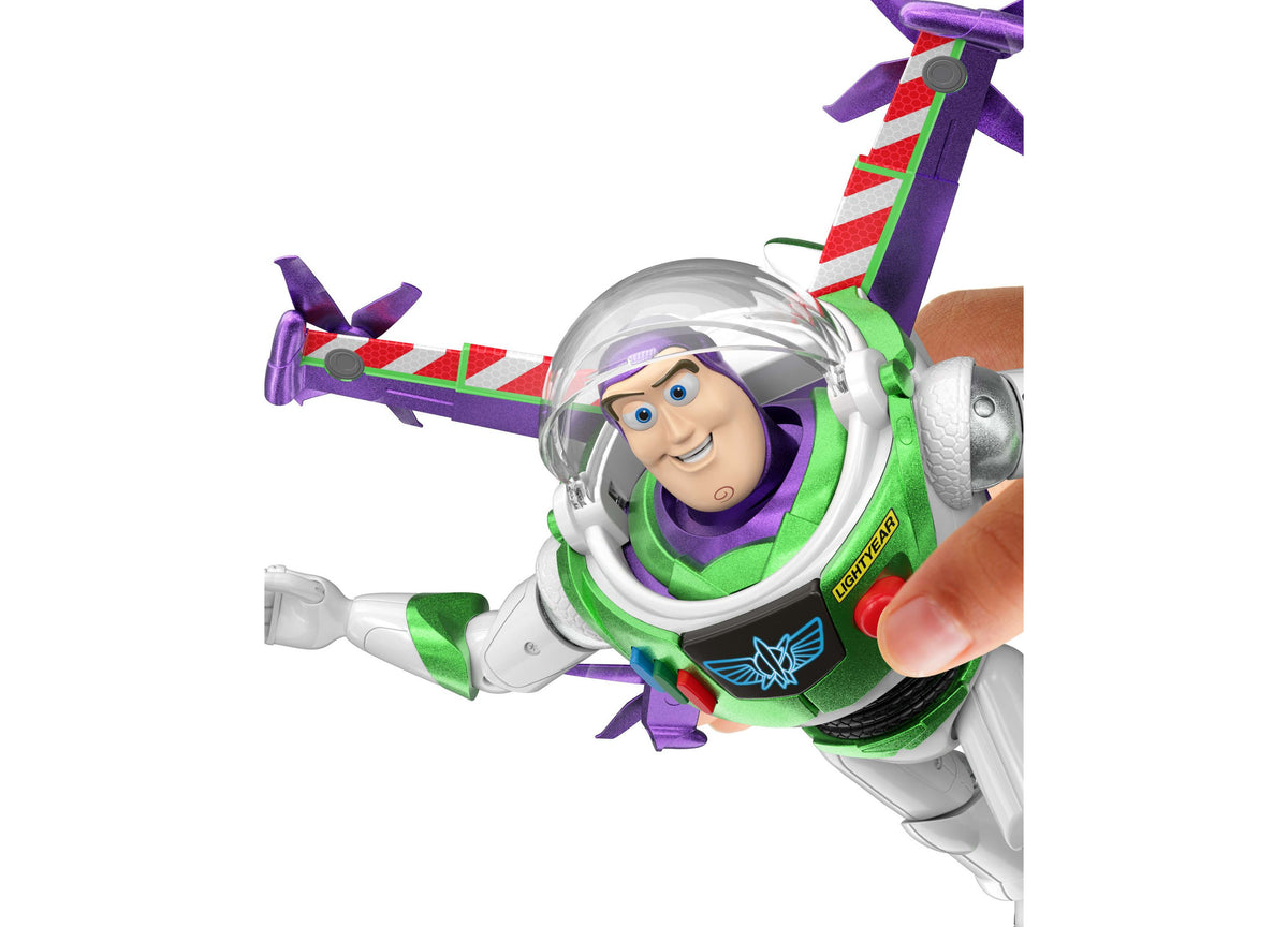 Toy Story Buzz Lightyear Flight Mode action figure with purple and green suit, clear helmet, and pop-out wings