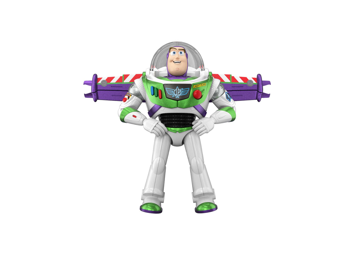 Toy Story Buzz Lightyear Flight Mode action figure with green and purple wings extended, white suit, and helmet