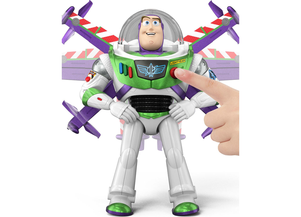 Toy Story Buzz Lightyear Flight Mode action figure with purple wings extended, green and white space suit, held in hand