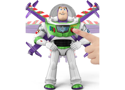 Toy Story Buzz Lightyear Flight Mode action figure with purple wings extended, green and white space suit, held in hand