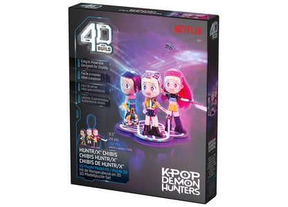 KPOP Demon Hunters HUNTR/X Chibi 3D puzzle set with three colorful anime characters in pink and purple outfits on dis...
