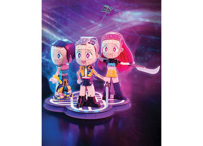 Spin Master 4D Build KPOP Huntrix Chibi Set featuring three colorful chibi character figures in neon pink, blue, and ...
