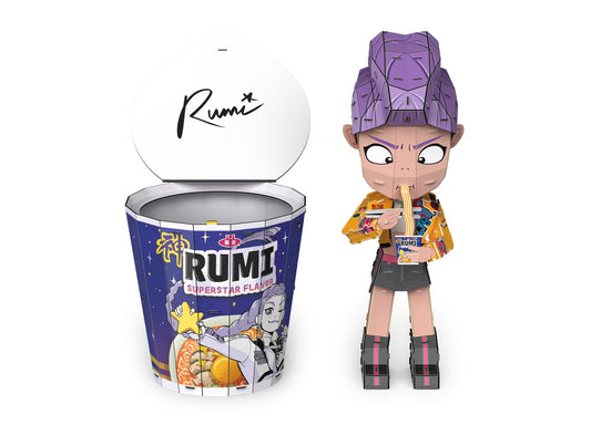 Rumi KPop Ramen Cup 3D puzzle with purple-haired character figure holding noodles and blue starry cup packaging