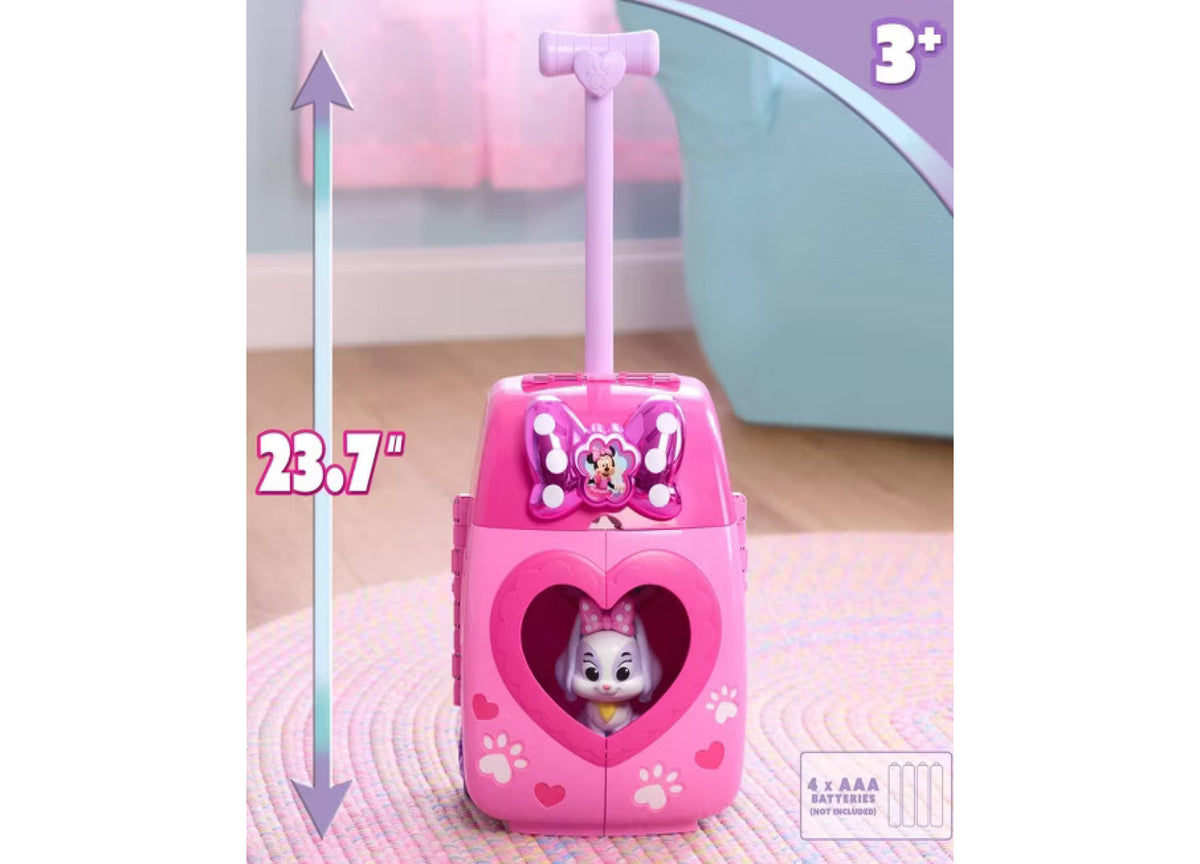 Minnie Mouse Groom & Go Pet Salon playset in bright pink with heart-shaped window, rolling handle, and Cream Puff cha...