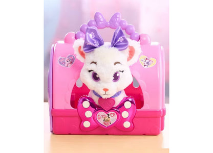 Minnie Mouse Pampered Paws Pet Carrier Playset with pink carrier, white kitten, purple bow, and accessories