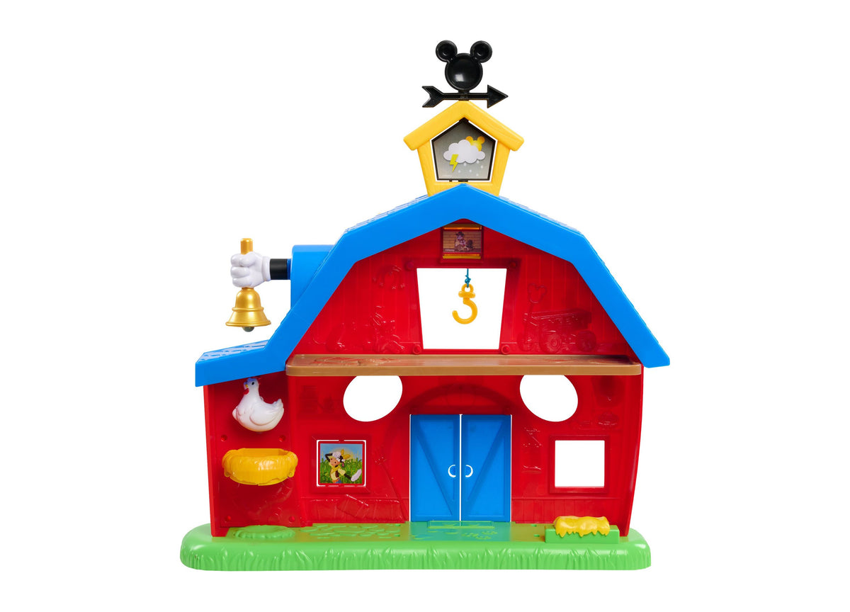 Mickey Mouse Barnyard Fun playset with red barn, blue roof, yellow steeple, and Mickey weathervane on top