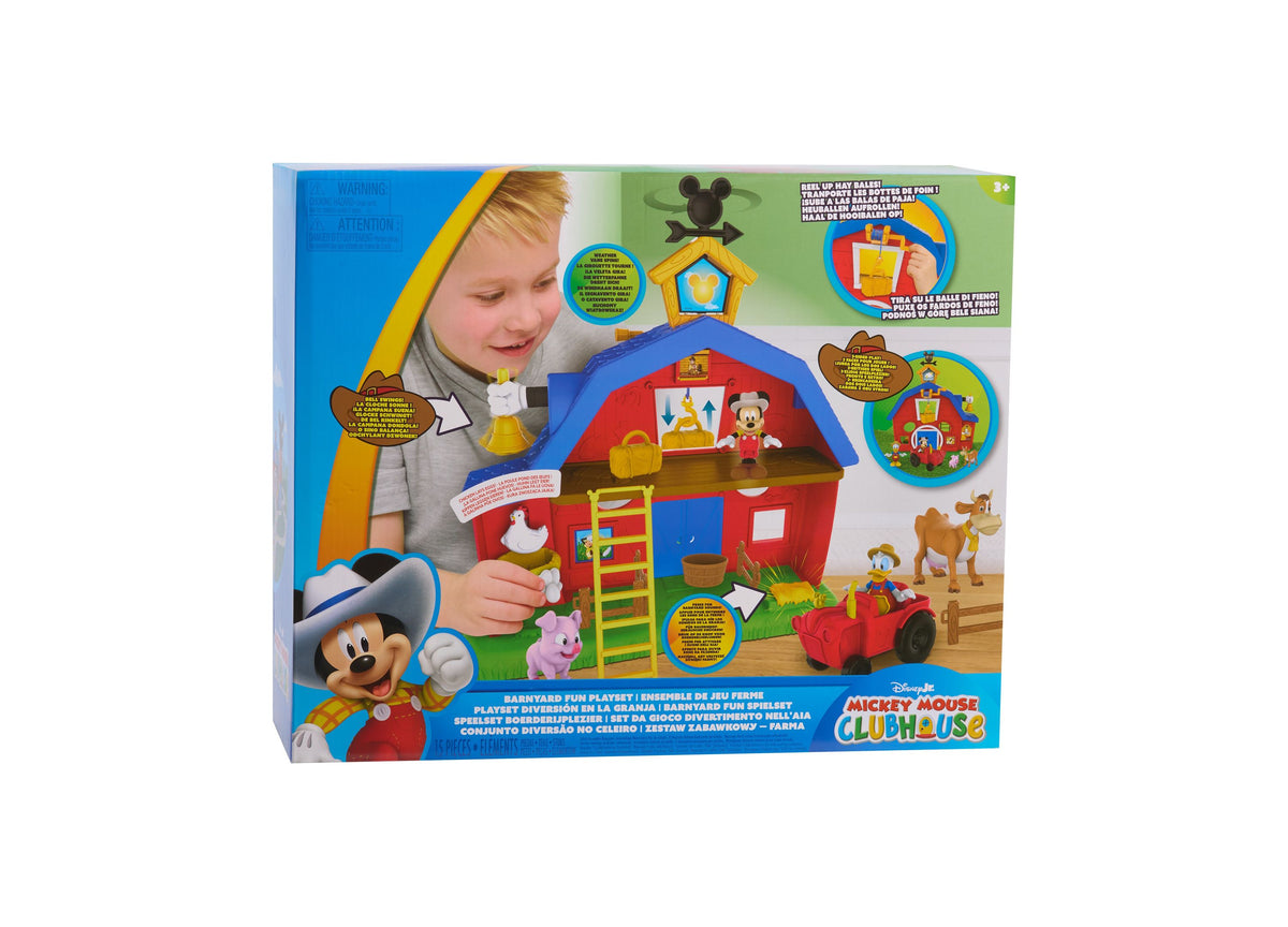 Mickey Mouse Barnyard Fun playset with red barn, blue roof, Mickey figure, farm animals, and accessories on green base