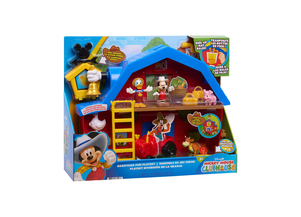 Mickey Mouse Barnyard Fun Playset with red barn, yellow ladder, Mickey and Donald Duck figures, farm animals, and acc...