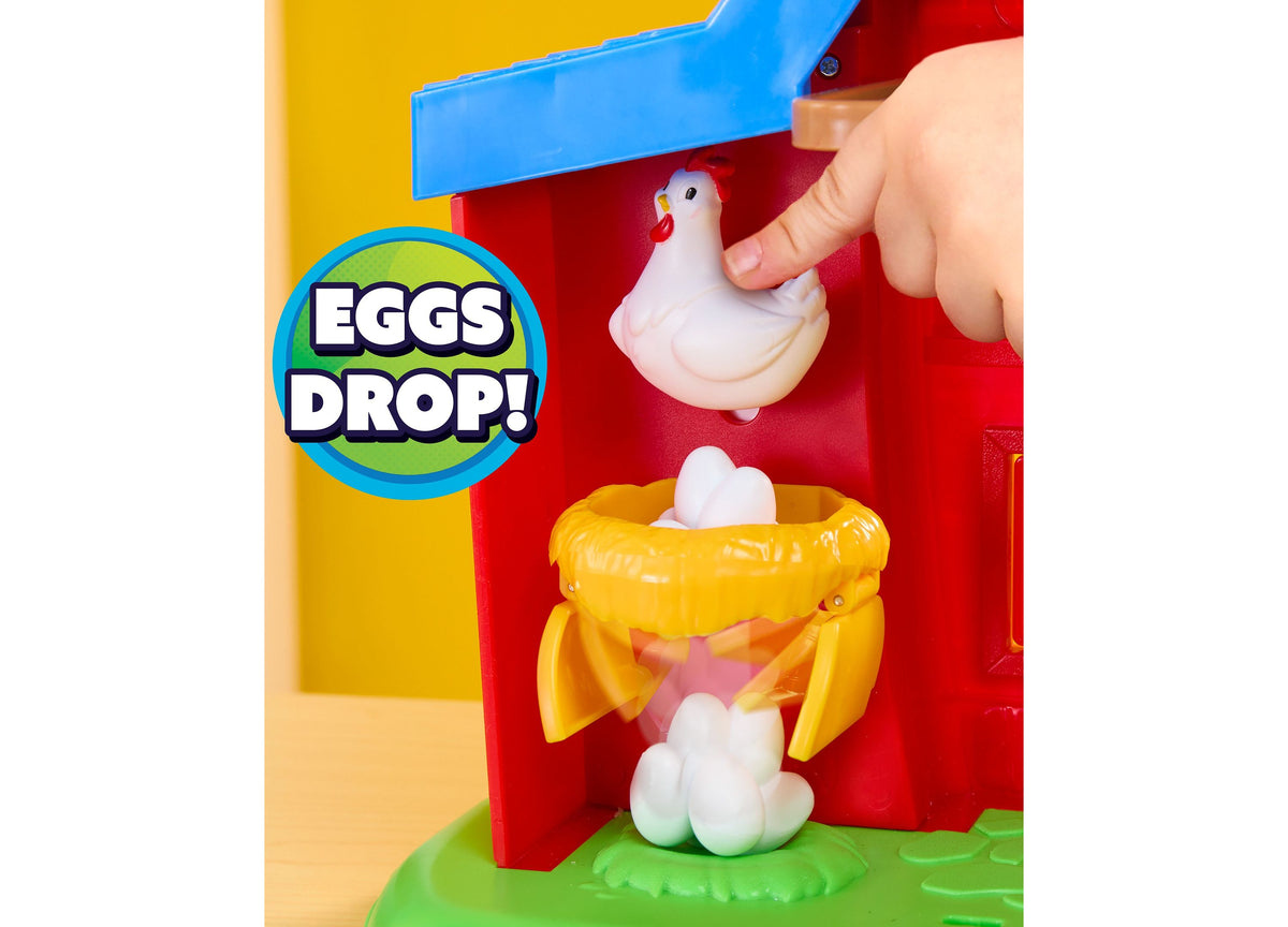 Eggs Drop toy with white chicken figure, yellow nest, and red barn playset